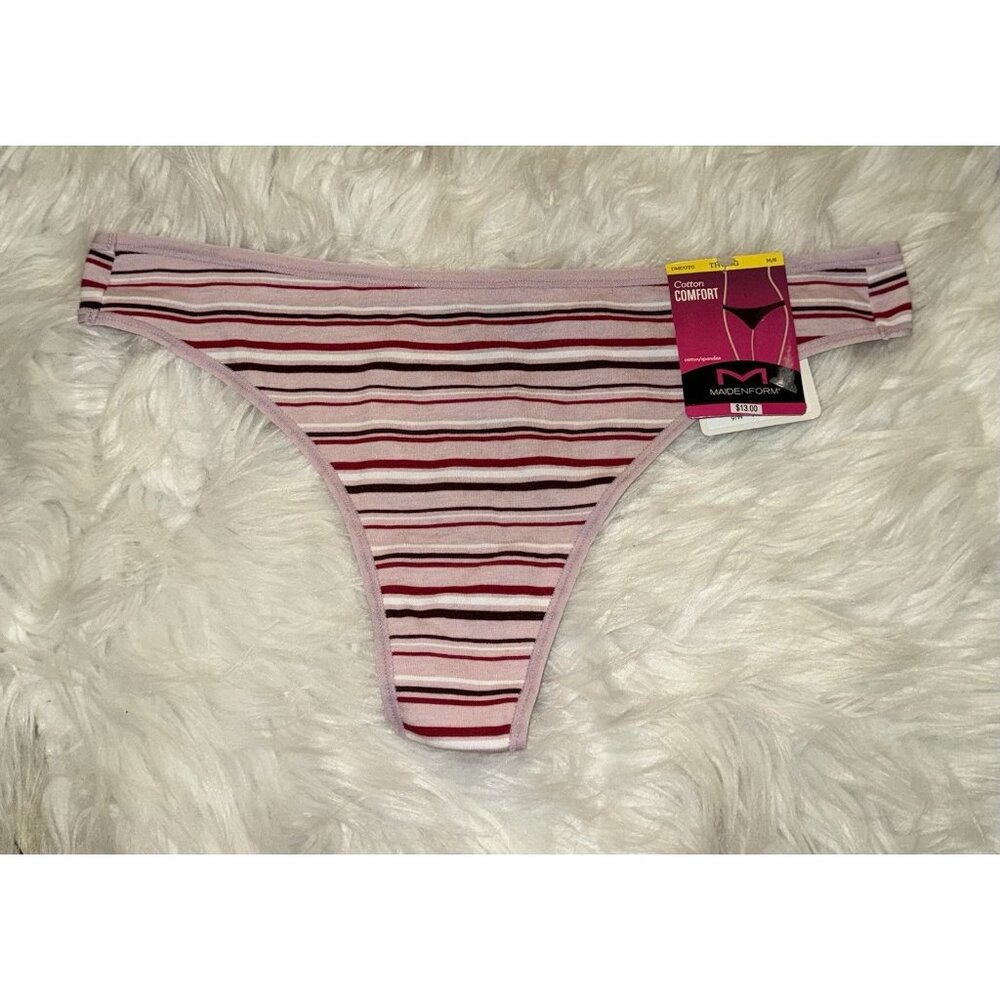 Maidenform Cotton Comfort Thong Panties Striped Womens 6 M Medium Pink DMCOTG
